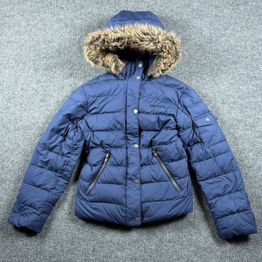 Marmot Puffer Jacket Girls Size S Navy Blue 700 Fill Down Faux‎ Fur Hood